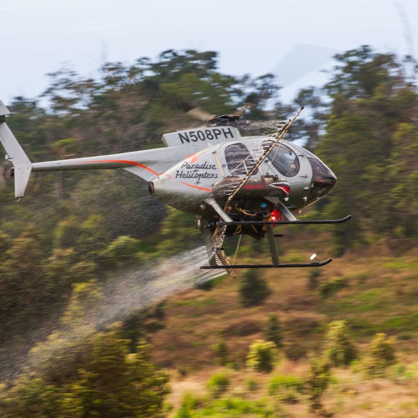 Helicopter spraying an agricultural mixture 